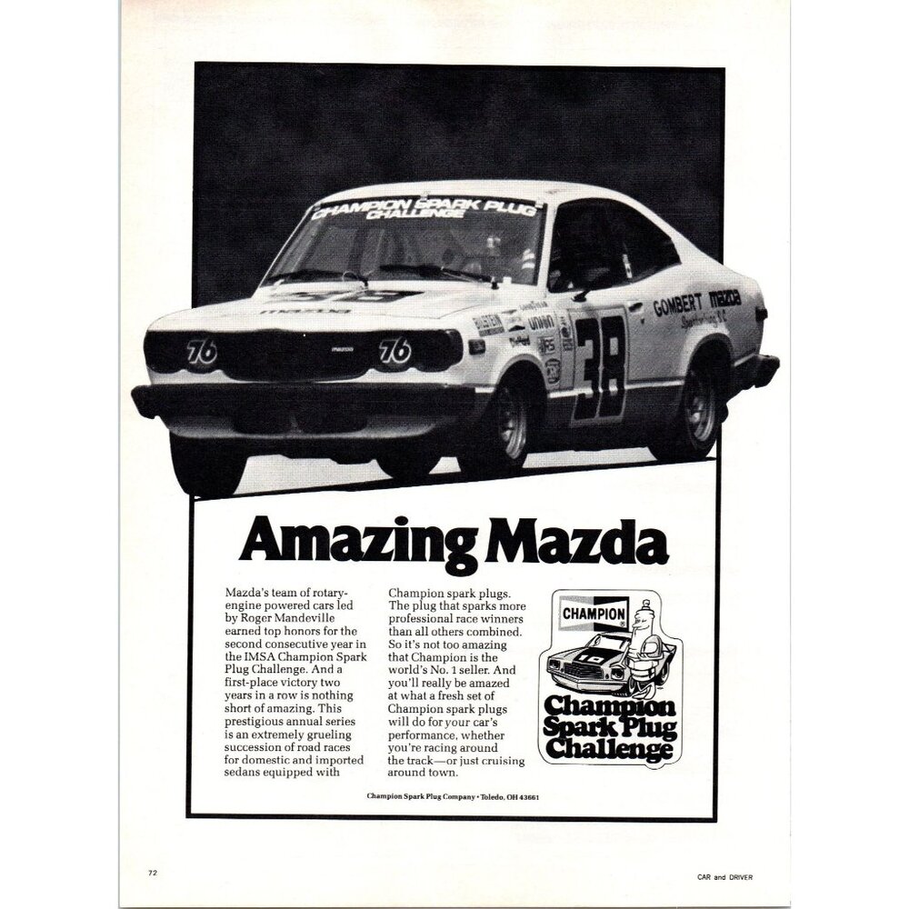1980 Champion Spark Plugs Vintage Print Ad Mazda Roger Mandeville Wall Art